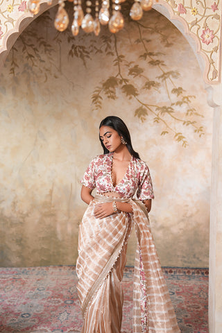 Champagne Sand Handcrafted Saree with Subtle Checks and Floral Border