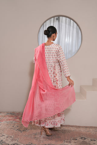 Offwhite Crepe Silk Hand Embroidered Printed Offwhite Anarkali Kurta With Offwhite Crepe Silk Printed Narrow Pants