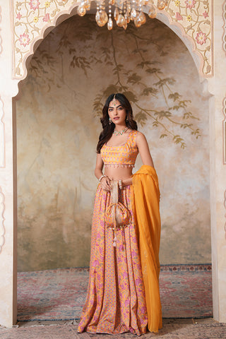 Gold Yellow Crepe Silk Hand Embroidered Printed Blouse With Gold Yellow Crepe Silk Printed Lehenga With Gota Work And Hand Embroidered Scallop Yellow Organza Dupatta  - Set of 3