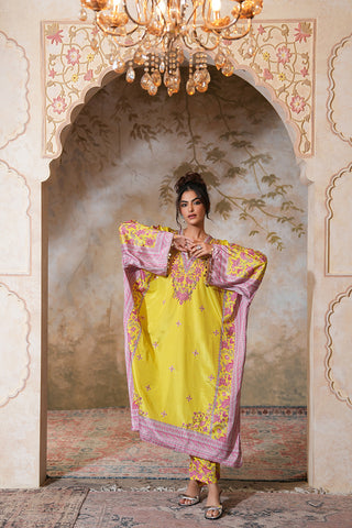Lime Crepe Silk Hand Embroidered Printed Kaftan With Lime Crepe Silk Printed Narrow Pants - Set of 2
