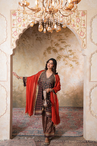 Black Crepe Silk Hand Embroidered Printed Kurta With Black Crepe Silk Printed Palazzo Pants With Gota Work And Rust Sequin Work Organza Dupatta