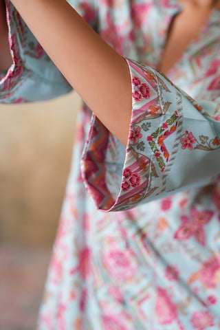 Celestial Blue Floral Printed Kurta Set with Tailored Pants