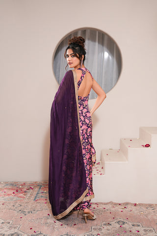 Violet Crepe Silk Hand Embroidered Printed Halter Neck Anarkali Kurta With Violet Crepe Silk Printed Churidar