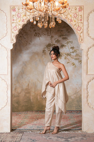 Elegant One-Shoulder Ivory Cape Set with Textured Detailing