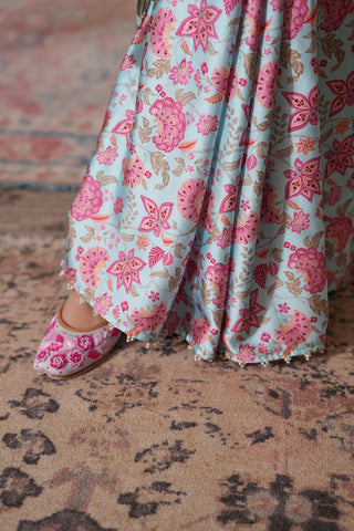 Blush Floral Printed Saree with Contemporary Sleeveless Blouse