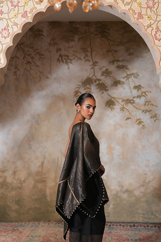 Sophisticated One-Shoulder Midnight Noir Cape Set with Metallic Texture
