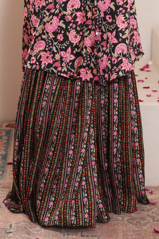 Black Crepe Silk Hand Embroidered Printed Backless Kurta With Black Crepe Silk Printed Gharara