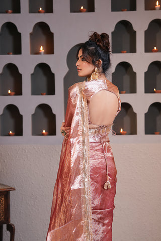 Blush Rose Metallic Saree with Elegant Hand-Finished Border