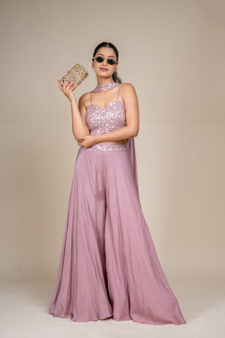 Luxury Dusty Rose Sequin Embellished Crop Top and Flowing Palazzo Set
