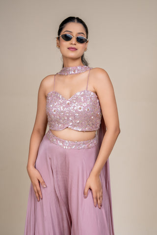 Luxury Dusty Rose Sequin Embellished Crop Top and Flowing Palazzo Set