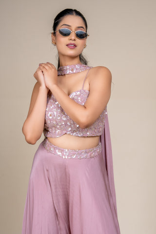 Luxury Dusty Rose Sequin Embellished Crop Top and Flowing Palazzo Set