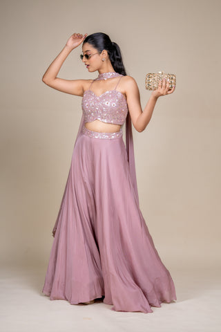 Luxury Dusty Rose Sequin Embellished Crop Top and Flowing Palazzo Set