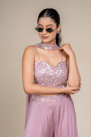 Luxury Dusty Rose Sequin Embellished Crop Top and Flowing Palazzo Set