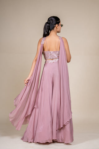 Luxury Dusty Rose Sequin Embellished Crop Top and Flowing Palazzo Set