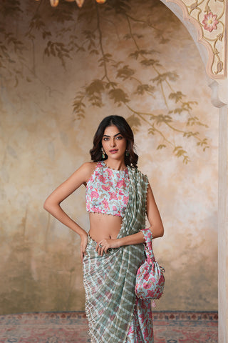 Blush Floral Printed Saree with Contemporary Sleeveless Blouse