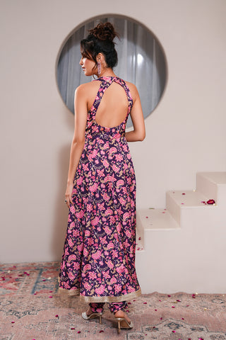 Violet Crepe Silk Hand Embroidered Printed Halter Neck Anarkali Kurta With Violet Crepe Silk Printed Churidar