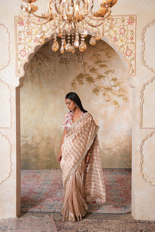 Champagne Sand Handcrafted Saree with Subtle Checks and Floral Border