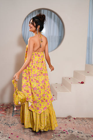 Lime Crepe Silk Hand Embroidered Printed Backless Kurta With Lime Crepe Silk Printed Gharara