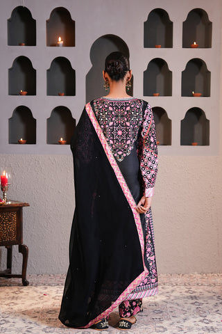 Black Crepe Silk Hand Embroidered Printed Kurta With Black Crepe Silk Printed Narrow Pants