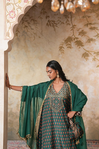 Emerald Green Crepe Silk Hand Embroidered Printed Kurta With Emerald Green Crepe Silk Printed Palazzo Pants With Gota Work And Green Sequin Work Organza Dupatta