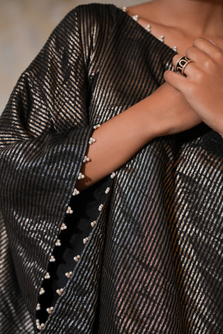 Sophisticated One-Shoulder Midnight Noir Cape Set with Metallic Texture