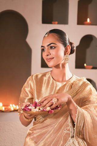 Antique Champagne Gold Saree with Handcrafted Embellished Border