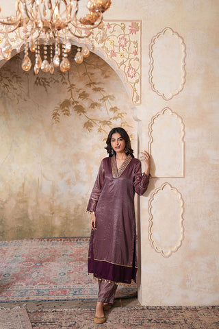 Jamun Gold Striped Chanderi Tissue Silk Kurta With Jamun Chanderi Narrow Pants With Gota Work And Striped Tissue And Green Sequin work Organza Dupatta