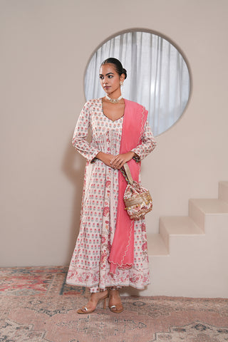 Offwhite Crepe Silk Hand Embroidered Printed Offwhite Anarkali Kurta With Offwhite Crepe Silk Printed Narrow Pants