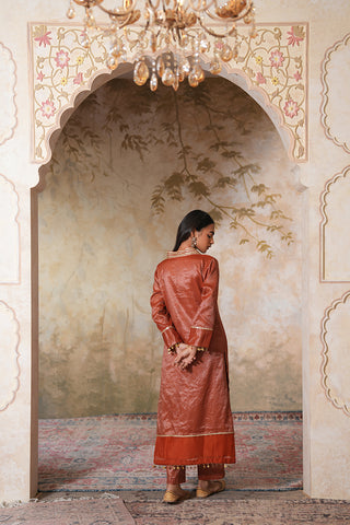 Rust Gold Striped Chanderi Tissue Silk Kurta With Rust Chanderi Narrow Pants With Gota Work And Striped Tissue