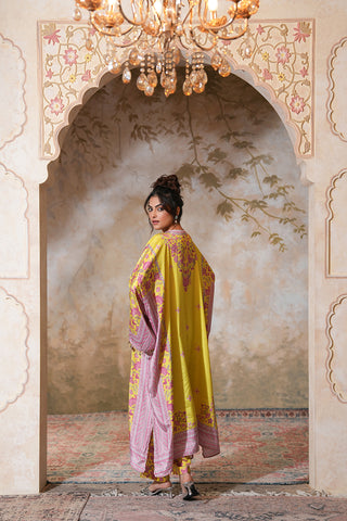 Lime Crepe Silk Hand Embroidered Printed Kaftan With Lime Crepe Silk Printed Narrow Pants - Set of 2