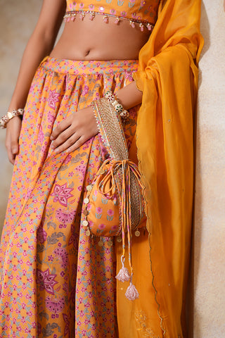 Gold Yellow Crepe Silk Hand Embroidered Printed Blouse With Gold Yellow Crepe Silk Printed Lehenga With Gota Work And Hand Embroidered Scallop Yellow Organza Dupatta  - Set of 3