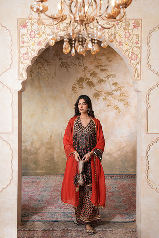 Black Crepe Silk Hand Embroidered Printed Kurta With Black Crepe Silk Printed Palazzo Pants With Gota Work And Rust Sequin Work Organza Dupatta