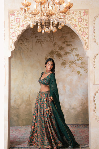 Emerald Green Crepe Silk Hand Embroidered Printed Blouse With Emerald Green Crepe Silk Printed Lehenga With Gota Work And Hand Embroidered Scallop Green Organza Dupatta