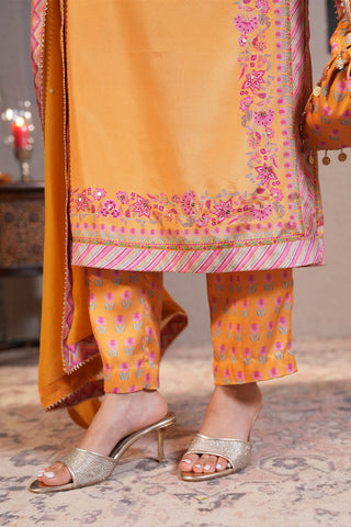 Gold Yellow Crepe Silk Hand Embroidered Printed Kurta With Gold Yellow Crepe Silk Printed Narrow Pants