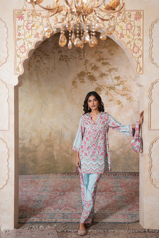 Celestial Blue Floral Printed Kurta Set with Tailored Pants