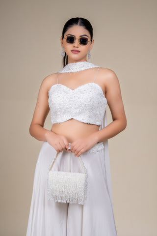 Luxury Ivory Sequin Embellished Crop Top and Palazzo Set with Statement Dupatta
