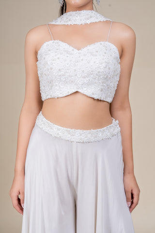 Luxury Ivory Sequin Embellished Crop Top and Palazzo Set with Statement Dupatta