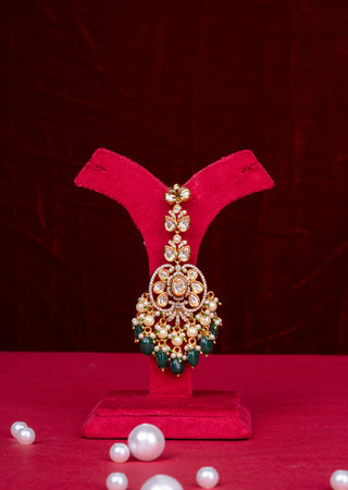 Grand Emerald Green Polki Kundan Bridal Choker Set with Matching Earrings and Maang Tikka