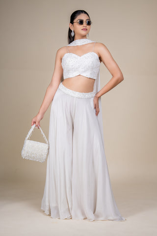 Luxury Ivory Sequin Embellished Crop Top and Palazzo Set with Statement Dupatta