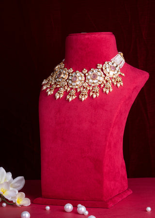 Blush Pink Polki Kundan Bridal Choker Set with Pearl Drops & Jhumkas