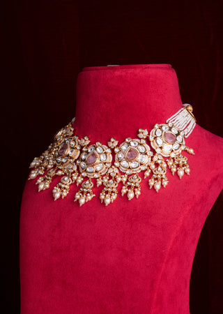 Blush Pink Polki Kundan Bridal Choker Set with Pearl Drops & Jhumkas