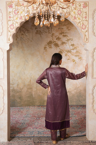 Jamun Gold Striped Chanderi Tissue Silk Kurta With Jamun Chanderi Narrow Pants With Gota Work And Striped Tissue And Green Sequin work Organza Dupatta