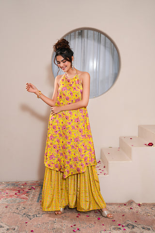 Lime Crepe Silk Hand Embroidered Printed Backless Kurta With Lime Crepe Silk Printed Gharara
