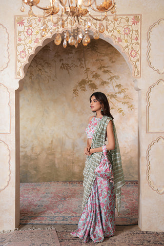 Blush Floral Printed Saree with Contemporary Sleeveless Blouse