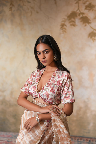 Champagne Sand Handcrafted Saree with Subtle Checks and Floral Border