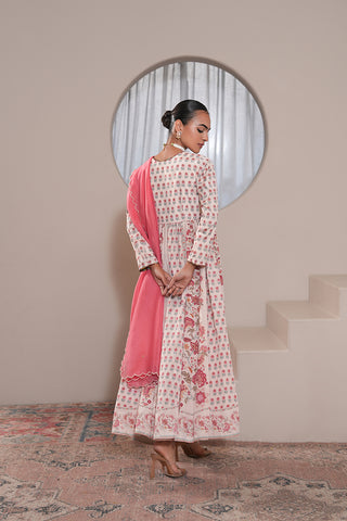 Offwhite Crepe Silk Hand Embroidered Printed Offwhite Anarkali Kurta With Offwhite Crepe Silk Printed Narrow Pants