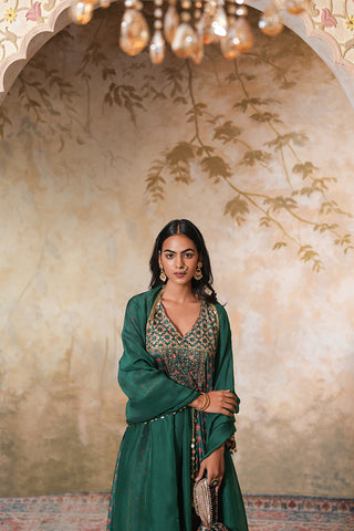 Emerald Green Crepe Silk Hand Embroidered Printed Kurta With Emerald Green Crepe Silk Printed Palazzo Pants With Gota Work And Green Sequin Work Organza Dupatta