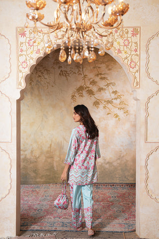 Celestial Blue Floral Printed Kurta Set with Tailored Pants
