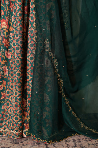 Emerald Green Crepe Silk Hand Embroidered Printed Blouse With Emerald Green Crepe Silk Printed Lehenga With Gota Work And Hand Embroidered Scallop Green Organza Dupatta