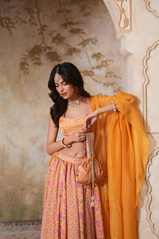 Gold Yellow Crepe Silk Hand Embroidered Printed Blouse With Gold Yellow Crepe Silk Printed Lehenga With Gota Work And Hand Embroidered Scallop Yellow Organza Dupatta  - Set of 3